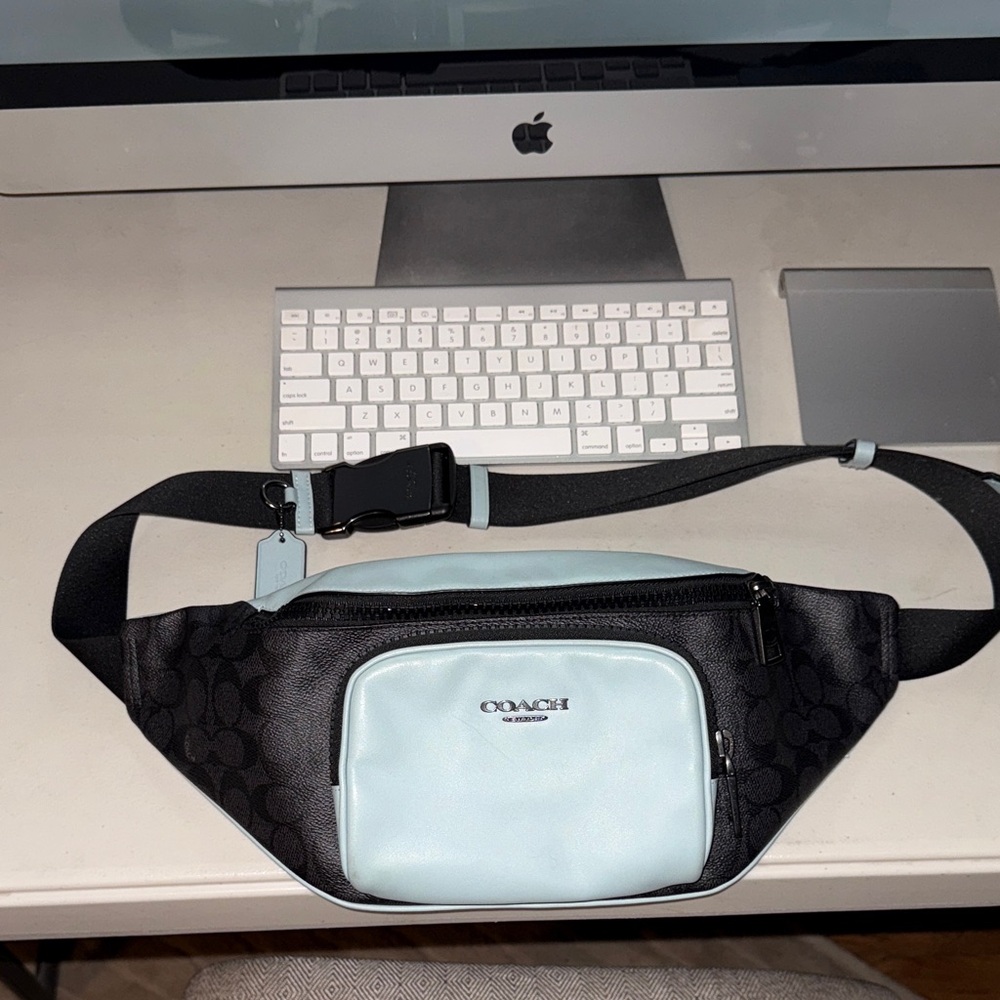 Coach Men's Black & Light Blue XL Leather Fanny Pack